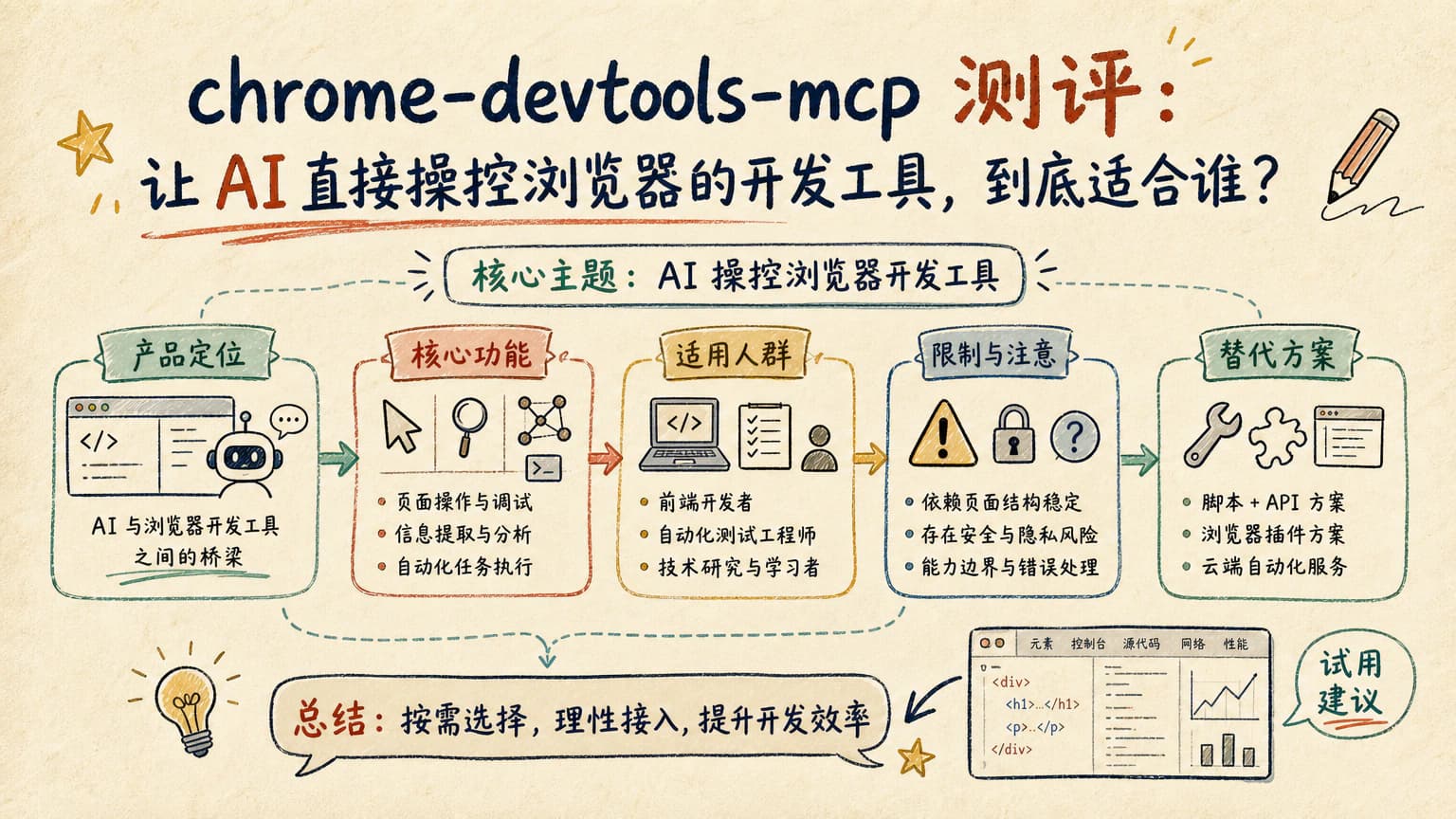 chrome-devtools-mcp 测评：让 AI 直接操控浏览器的开发工具，到底适合谁？