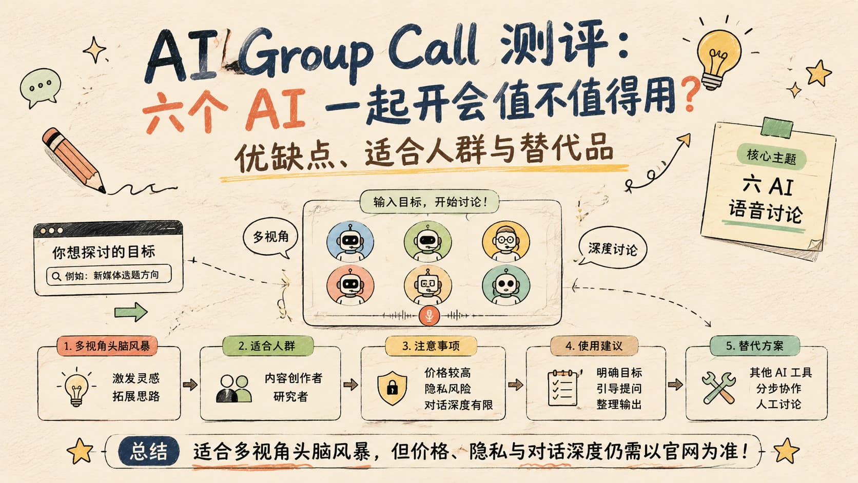 AI Group Call 测评:六个 AI 一起开会值不值得用?优缺点、适合人群与替代品