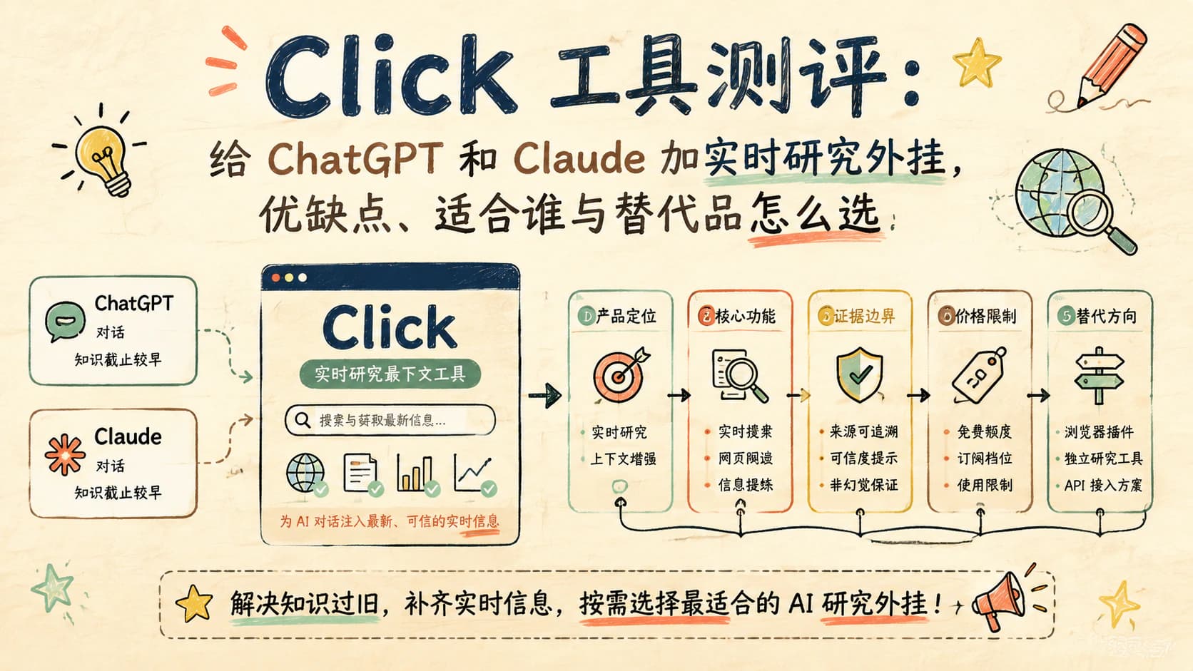 Click 工具测评:给 ChatGPT 和 Claude 加实时研究外挂,优缺点、适合谁与替代品怎么选
