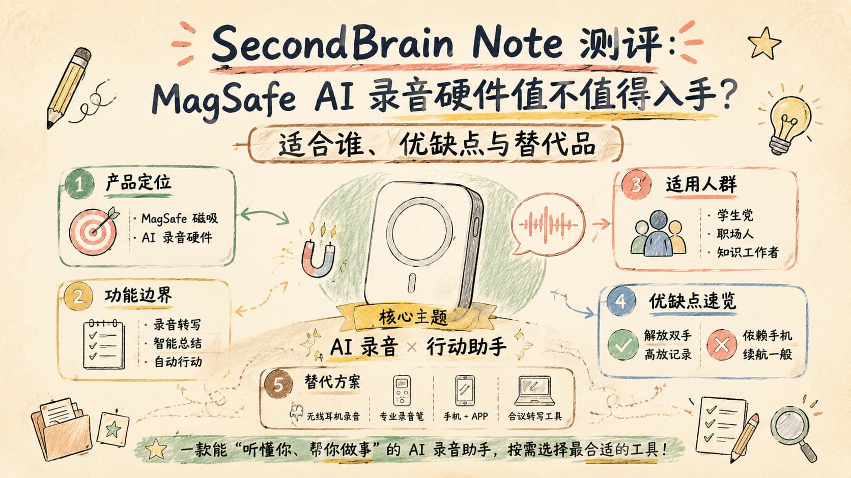 SecondBrain Note 测评:MagSafe AI 录音硬件值不值得入手?适合谁、优缺点与替代品