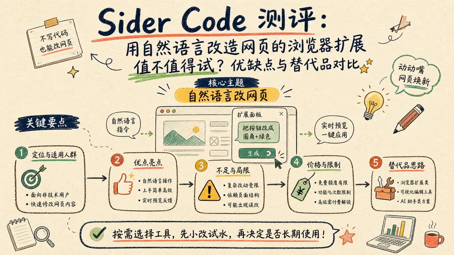 Sider Code 测评:用自然语言改造网页的浏览器扩展值不值得试?优缺点与替代品对比